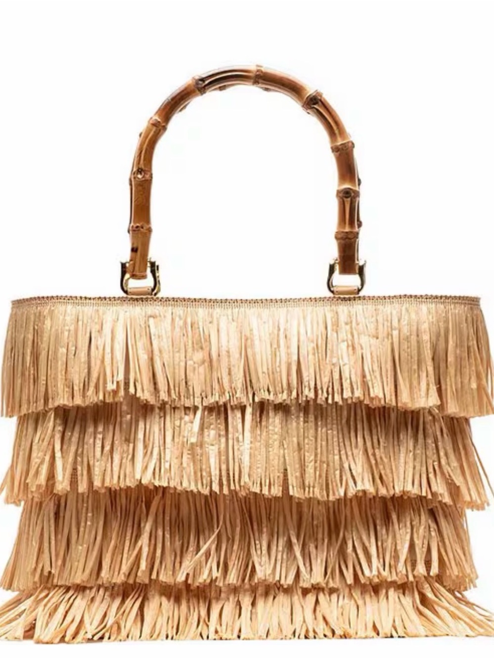 Frances Valentine Hula Fringe Raffia Bamboo Handle Tote Bag